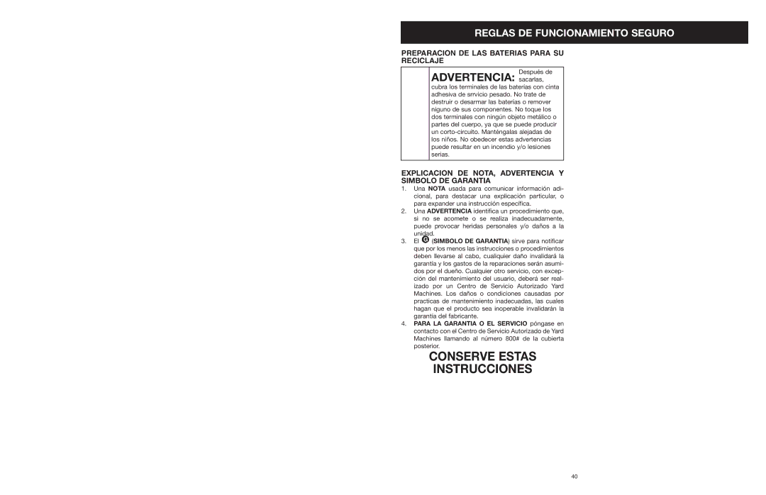 MTD 599 manual Advertencia sacarlas, Explicacion DE NOTA, Advertencia Y Simbolo DE Garantia 