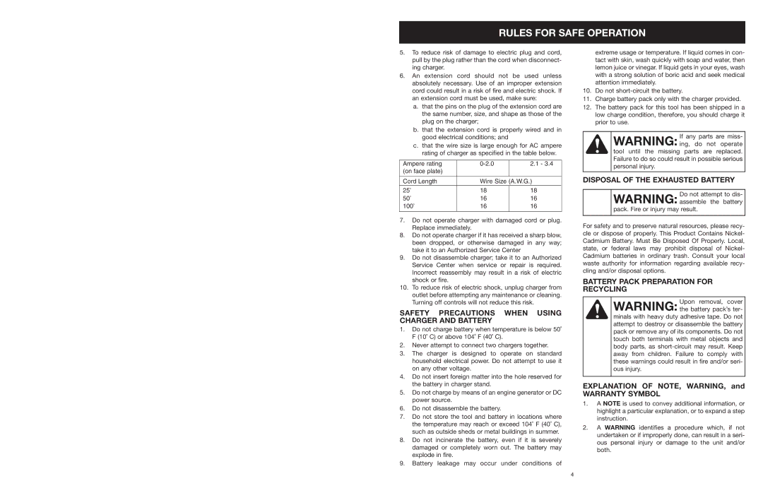 MTD 599 manual Safety Precautions When Using Charger and Battery, Disposal of the Exhausted Battery, Warranty Symbol 