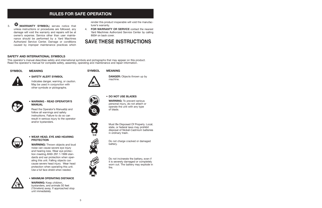 MTD 599 manual Safety and International Symbols 