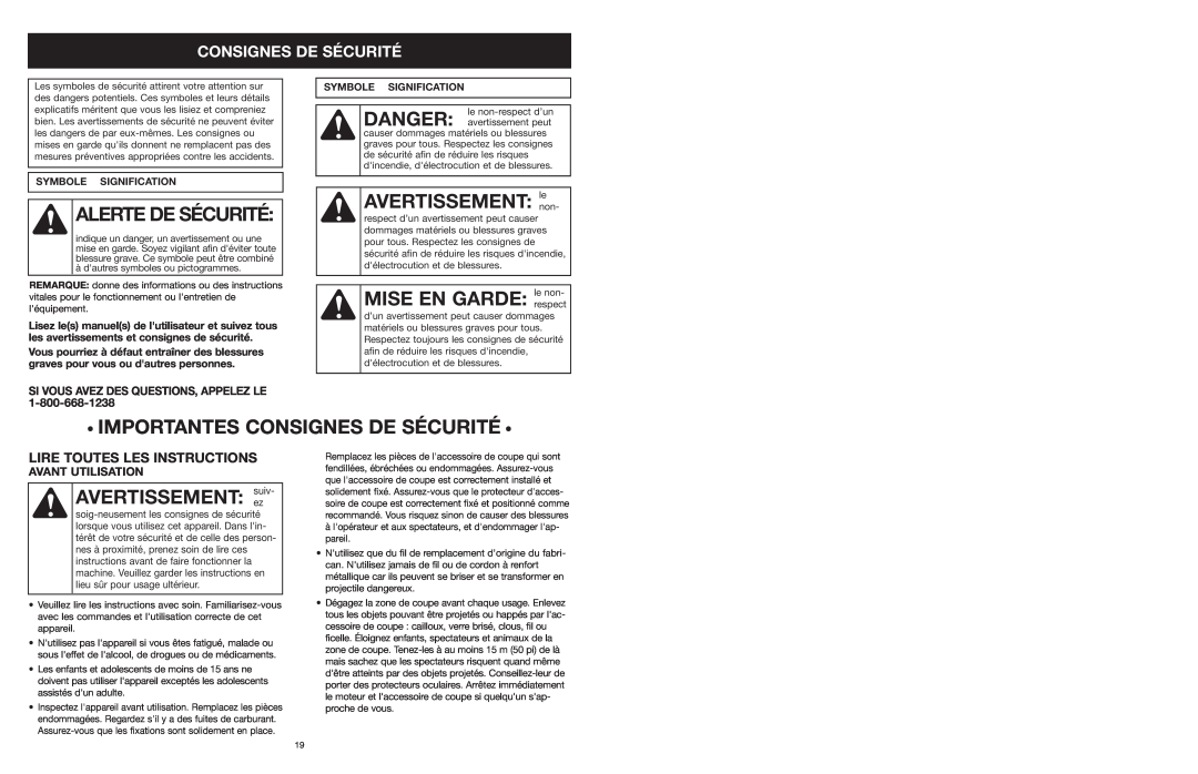 MTD 599 manual Alerte De Sécurité, AVERTISSEMENT lenon, MISE EN GARDE respect, Importantes Consignes De Sécurité 