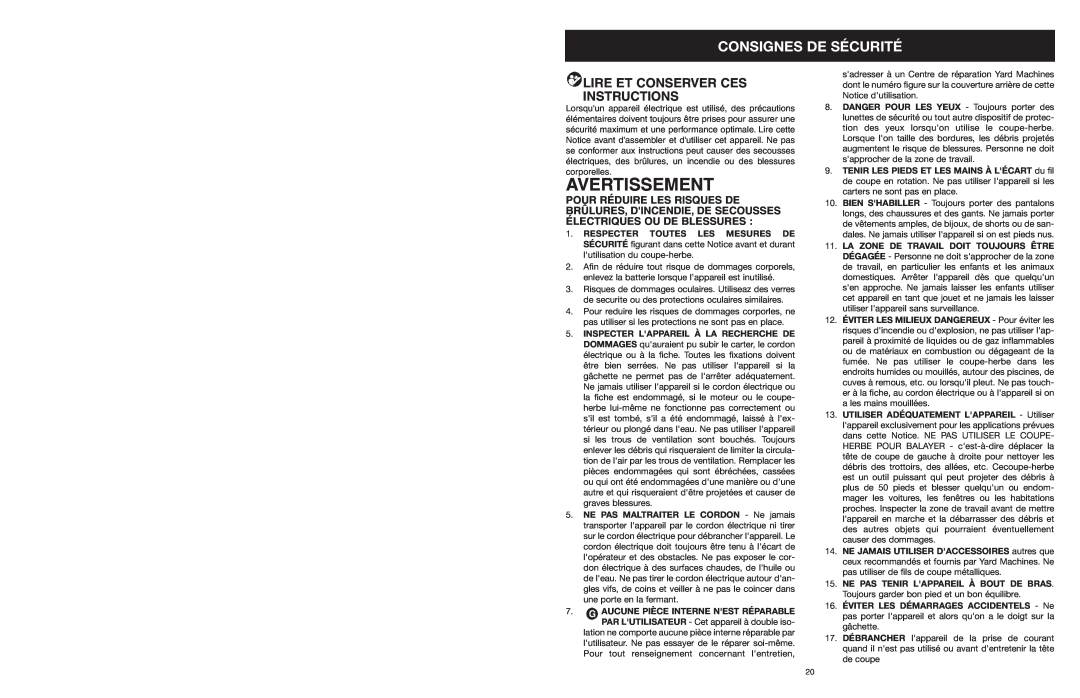 MTD 599 manual Avertissement, Lire Et Conserver Ces Instructions, Consignes De Sécurité 