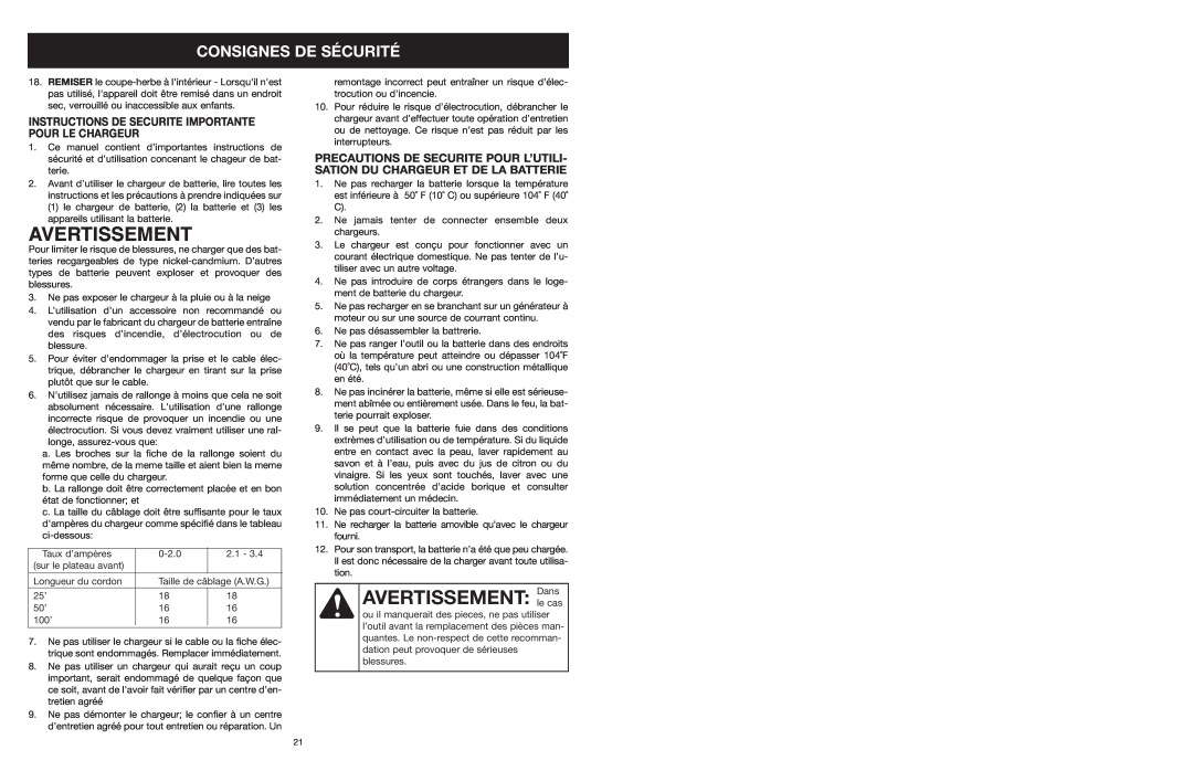 MTD 599 manual AVERTISSEMENT Dansle cas, Instructions De Securite Importante Pour Le Chargeur, Avertissement 