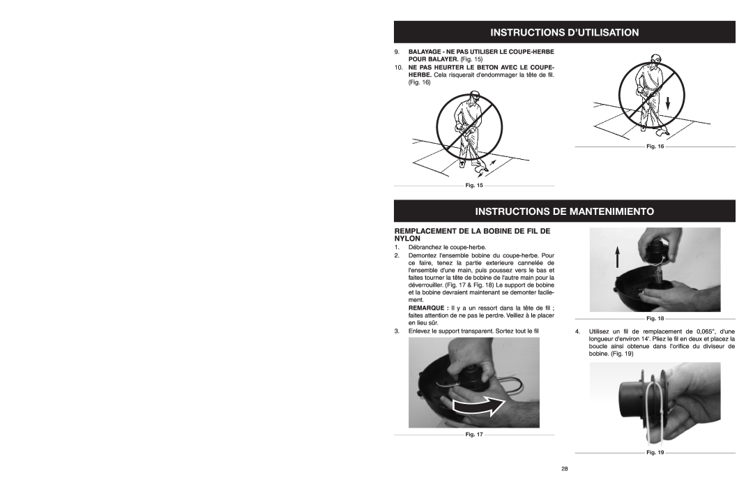MTD 599 manual Instructions De Mantenimiento, Remplacement De La Bobine De Fil De Nylon, Instructions D’Utilisation 