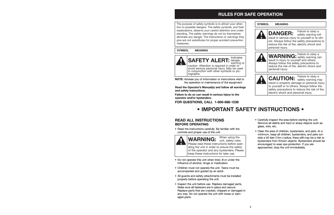 MTD 599 manual Important Safety Instructions, Rules For Safe Operation, Read All Instructions, For Questions, Call 