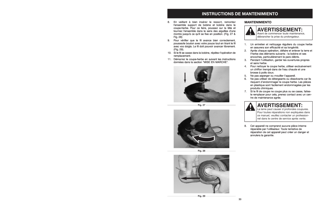 MTD 599 manual Avertissement, Instructions De Mantenimiento 