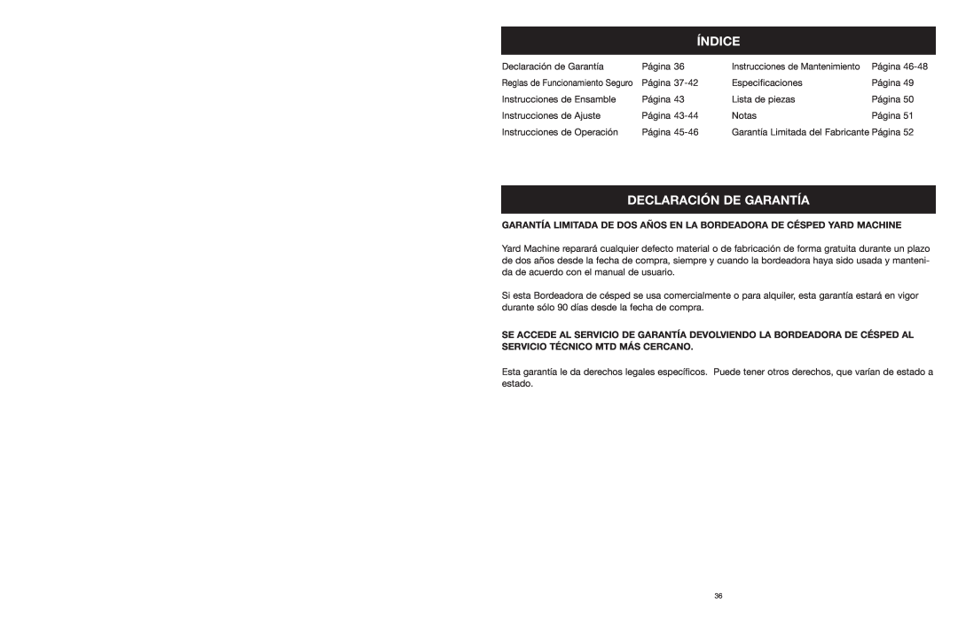 MTD 599 manual Índice, Declaración De Garantía, Garantía Limitada De Dos Años En La Bordeadora De Césped Yard Machine 