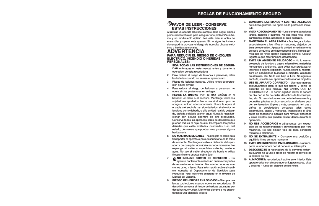 MTD 599 manual Advertencia, Favor De Leer - Conserve Estas Instrucciones, Reglas De Funcionamiento Seguro 