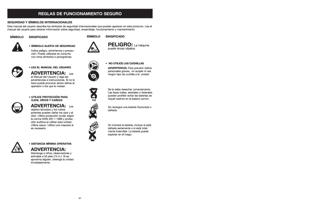 MTD 599 manual ADVERTENCIA Lea, ADVERTENCIA Los, Advertencia, Reglas De Funcionamiento Seguro, Símbolo Singificado 
