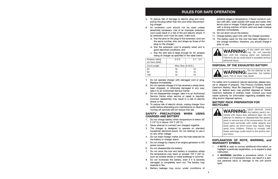 MTD 599 Safety Precautions When Using Charger And Battery, Disposal Of The Exhausted Battery, Rules For Safe Operation 