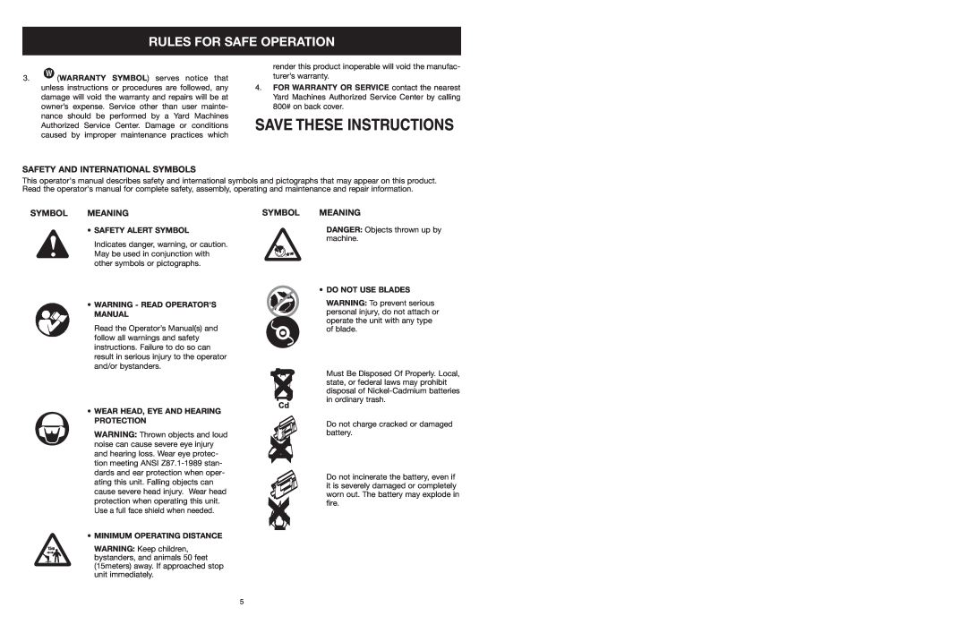 MTD 599 Save These Instructions, Rules For Safe Operation, Safety And International Symbols, Meaning, Safety Alert Symbol 