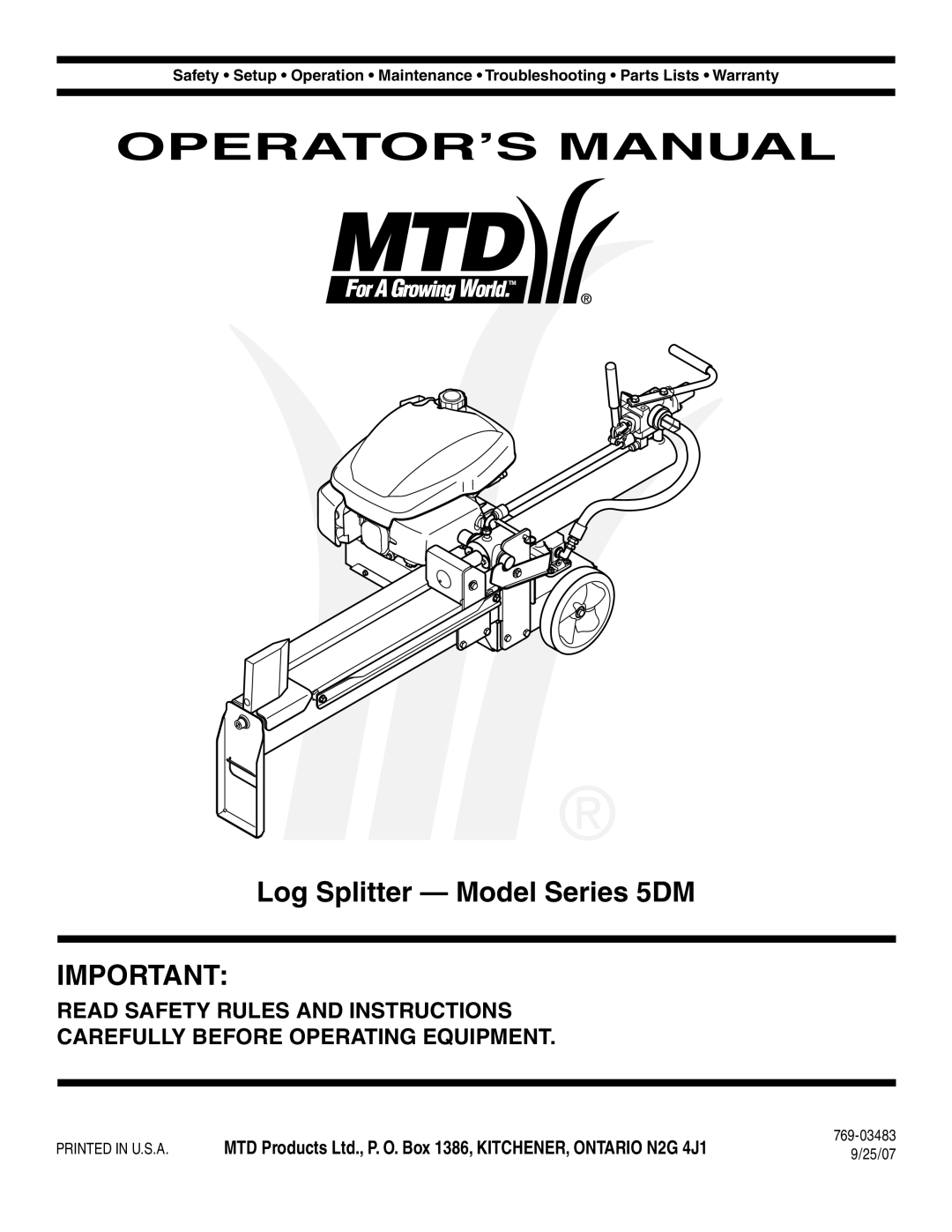 MTD warranty Log Splitter Model Series 5DM, 769-03483, 25/07 