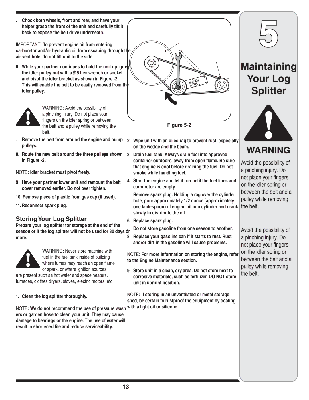 MTD 5DM warranty Storing Your Log Splitter, Clean the log splitter thoroughly, Engine Pulley Pump Idler Pulley Nut 