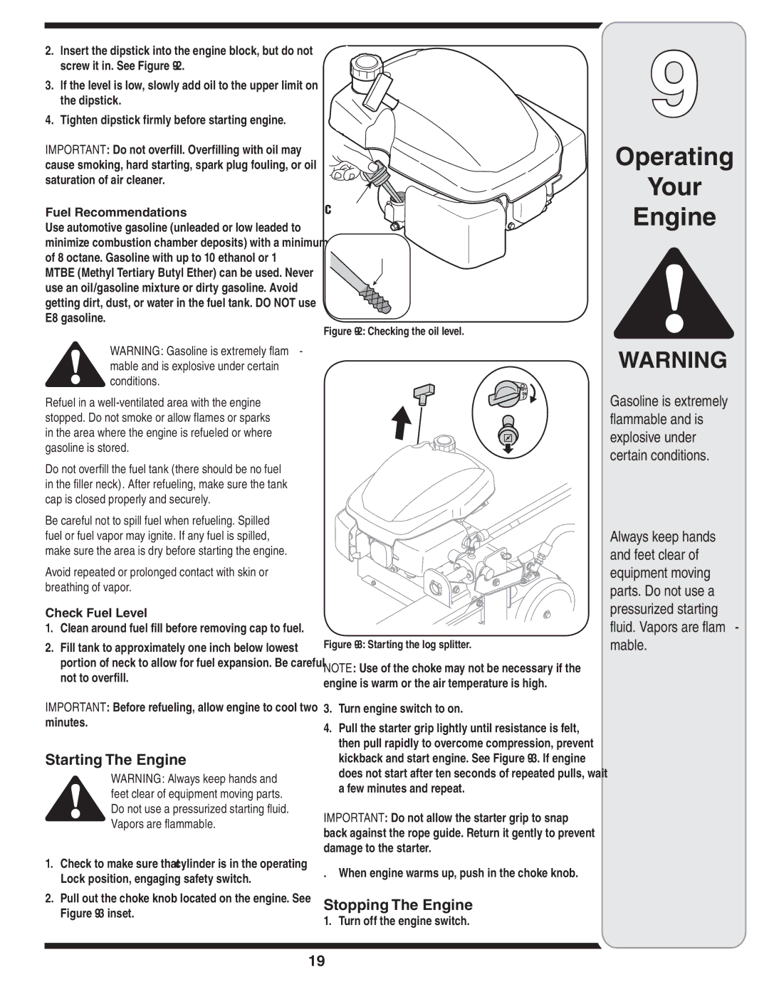 MTD 5DM warranty Starting The Engine, Stopping The Engine, Fuel Recommendations, Turn engine switch to on, Upper Level 