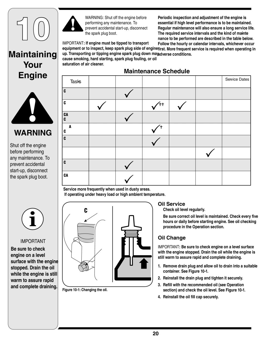 MTD 5DM warranty Maintaining Your, Oil Service, Oil Change, Tasks 