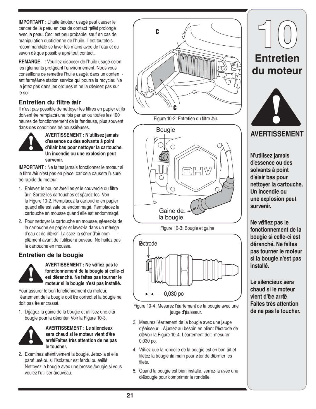 MTD 5DM warranty Bougie la de Entretien, Air à filtre du Entretien, Jamais N’utilisez Avertissement 