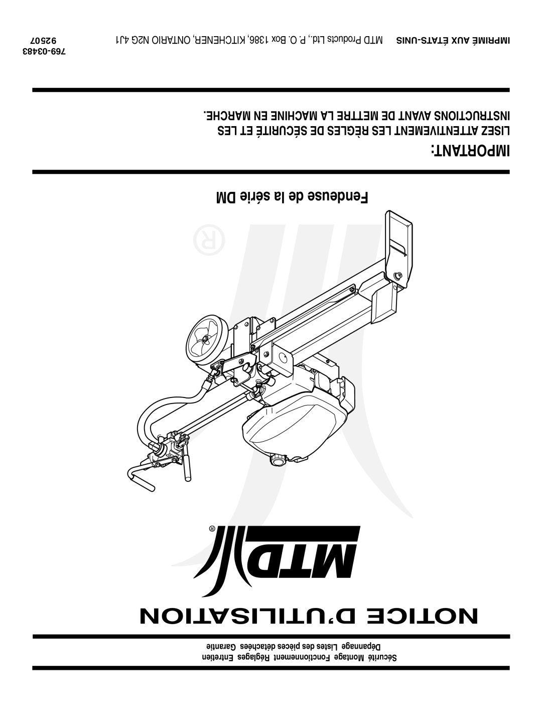 MTD warranty Important 5DM série la de Fendeuse, 25/07 03483-769 