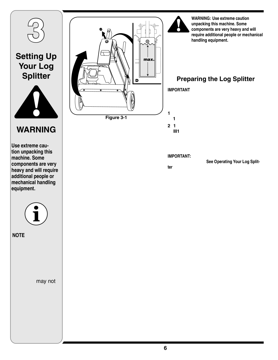 MTD 5DM warranty Setting Up Your Log Splitter, Handling equipment 