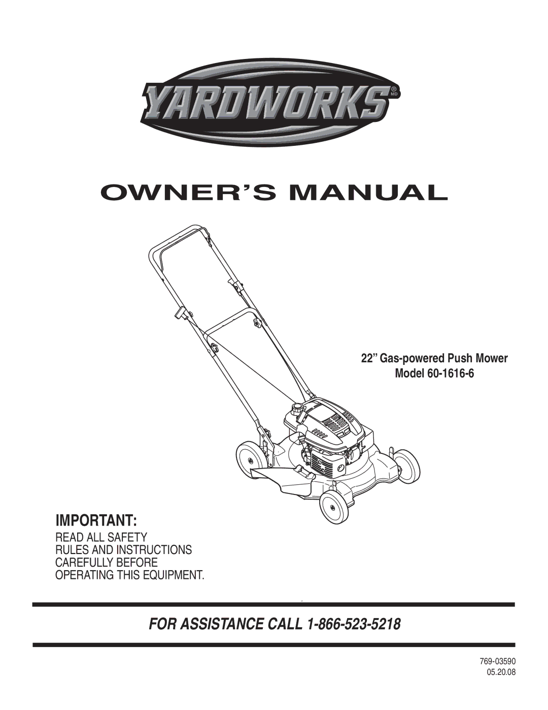 MTD 60-1616-6 owner manual For Assistance Call 