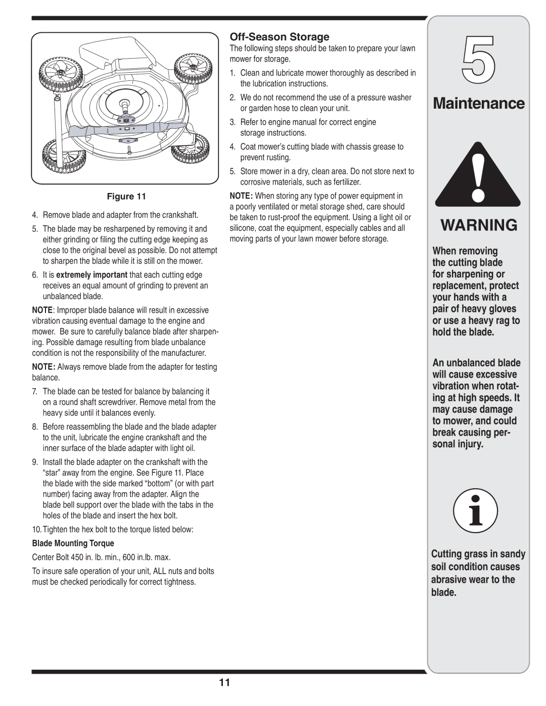 MTD 60-1616-6 owner manual Off-Season Storage, Remove blade and adapter from the crankshaft, Blade Mounting Torque 