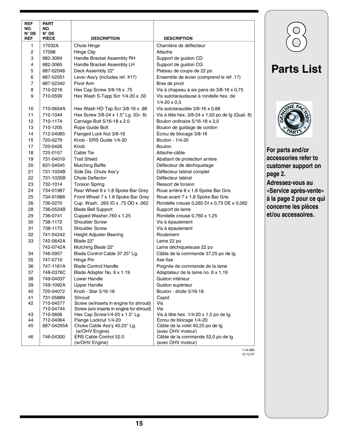 MTD 60-1616-6 owner manual Parts List, Adressez-vous au «Service après-vente» 