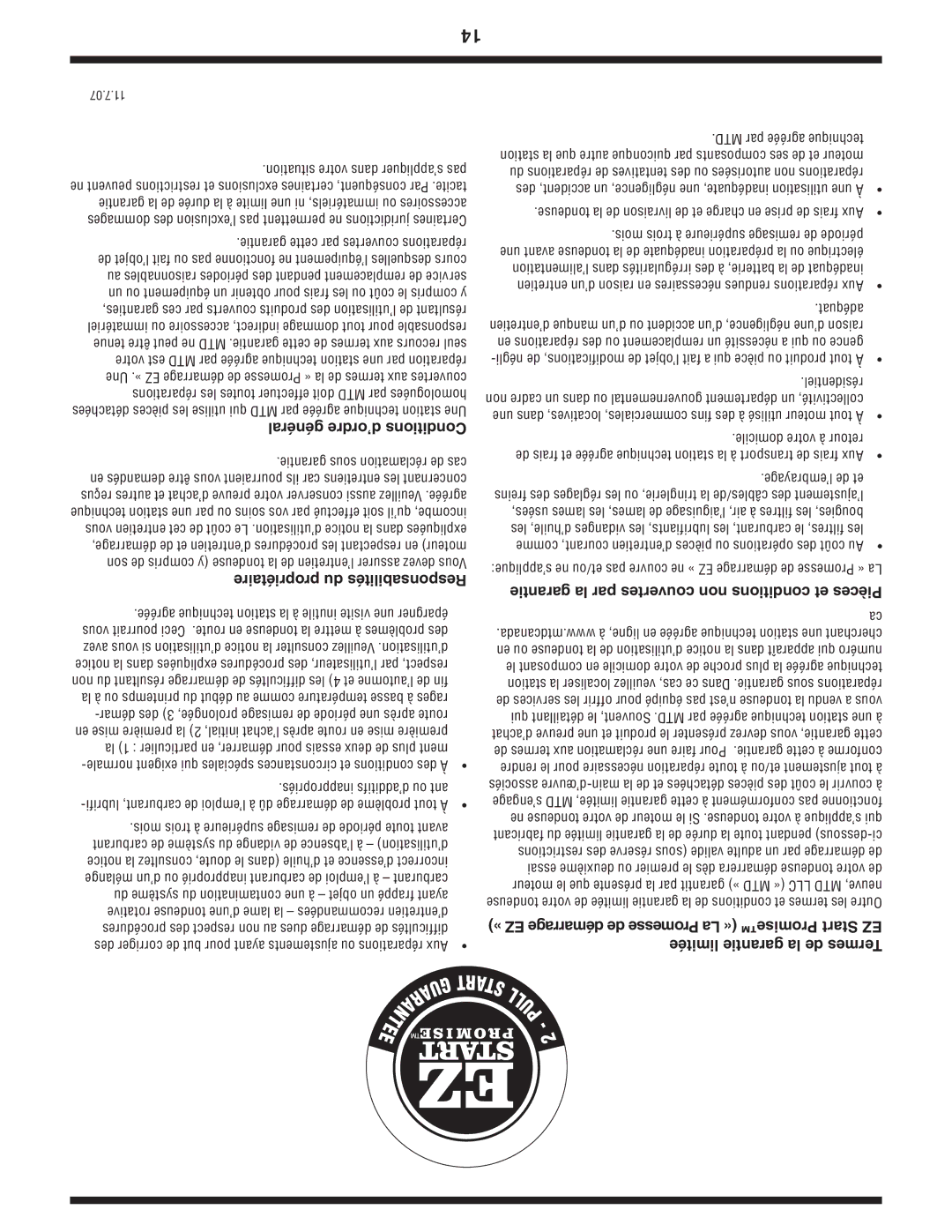 MTD 60-1616-6 owner manual Général d’ordre Conditions, Propriétaire du Responsabilités 