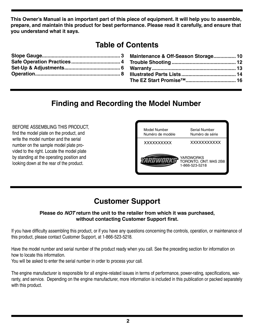 MTD 60-1616-6 owner manual Table of Contents, Finding and Recording the Model Number, Customer Support 