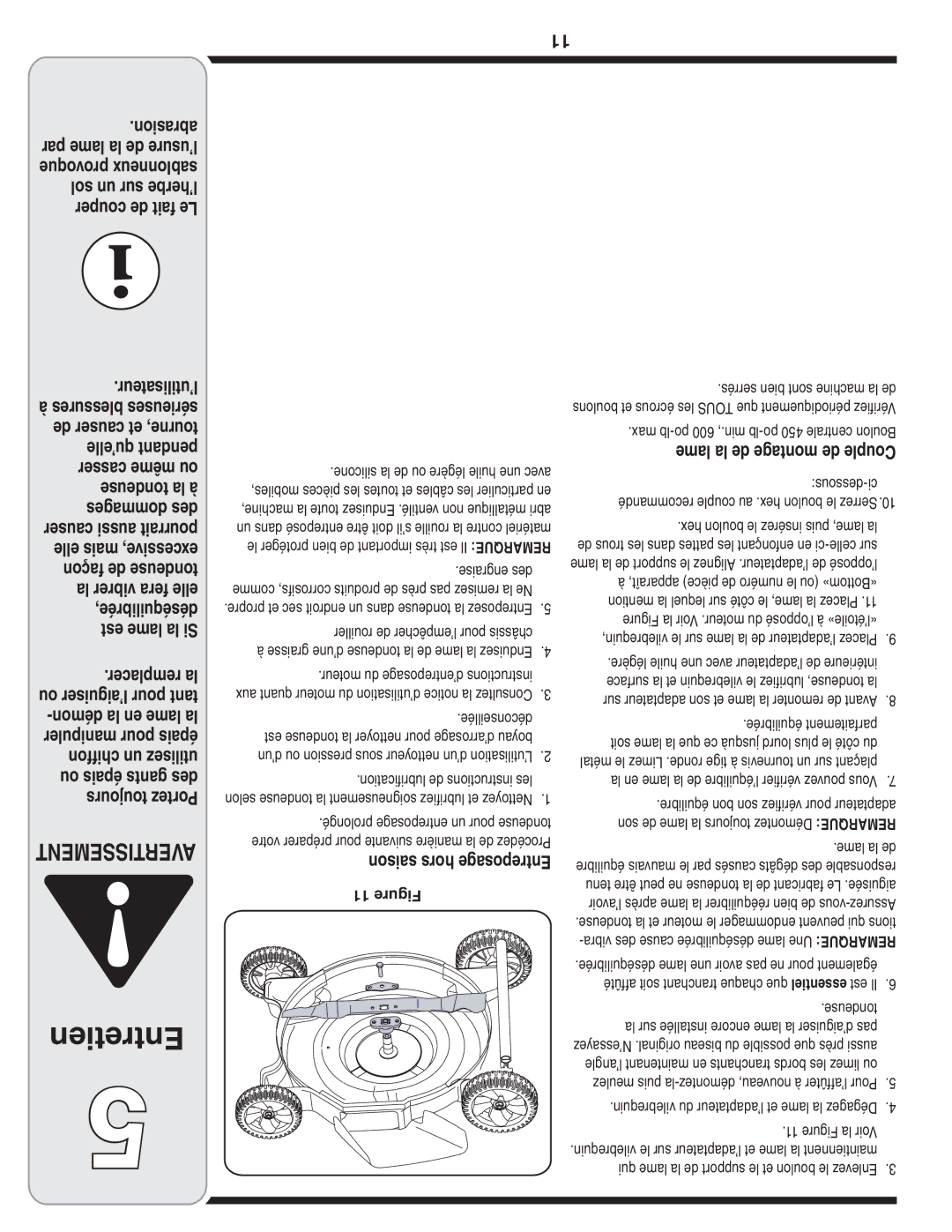 MTD 60-1616-6 owner manual Entretien, ’utilisateur, Saison hors Entreposage 