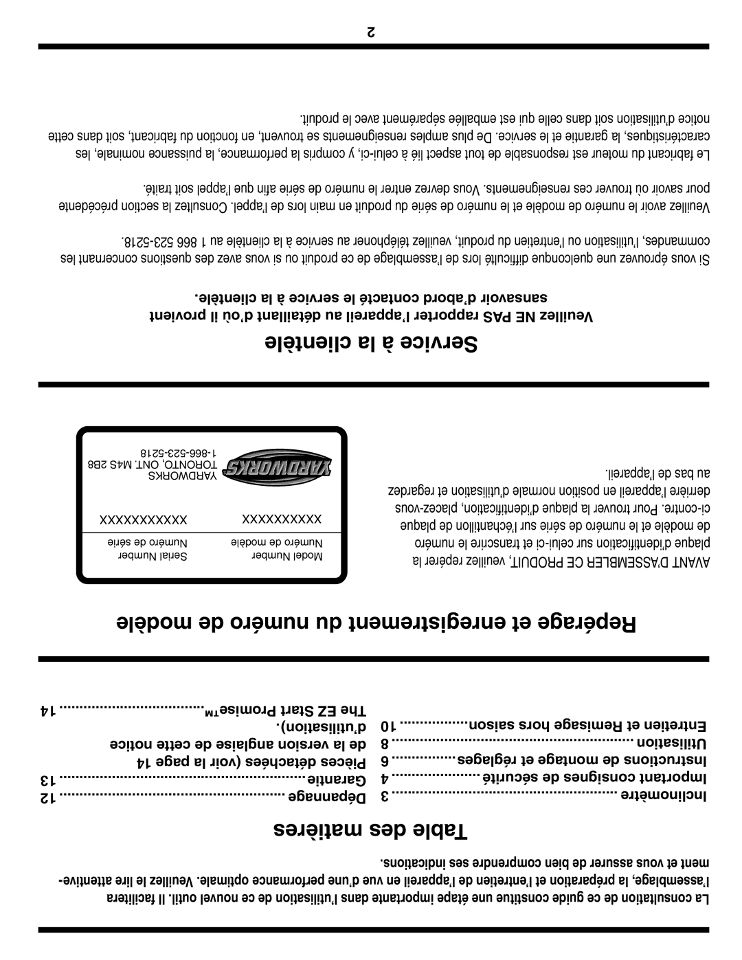 MTD 60-1616-6 owner manual Clientèle la à Service, Modèle de numéro du enregistrement et Repérage, Matières des Table 