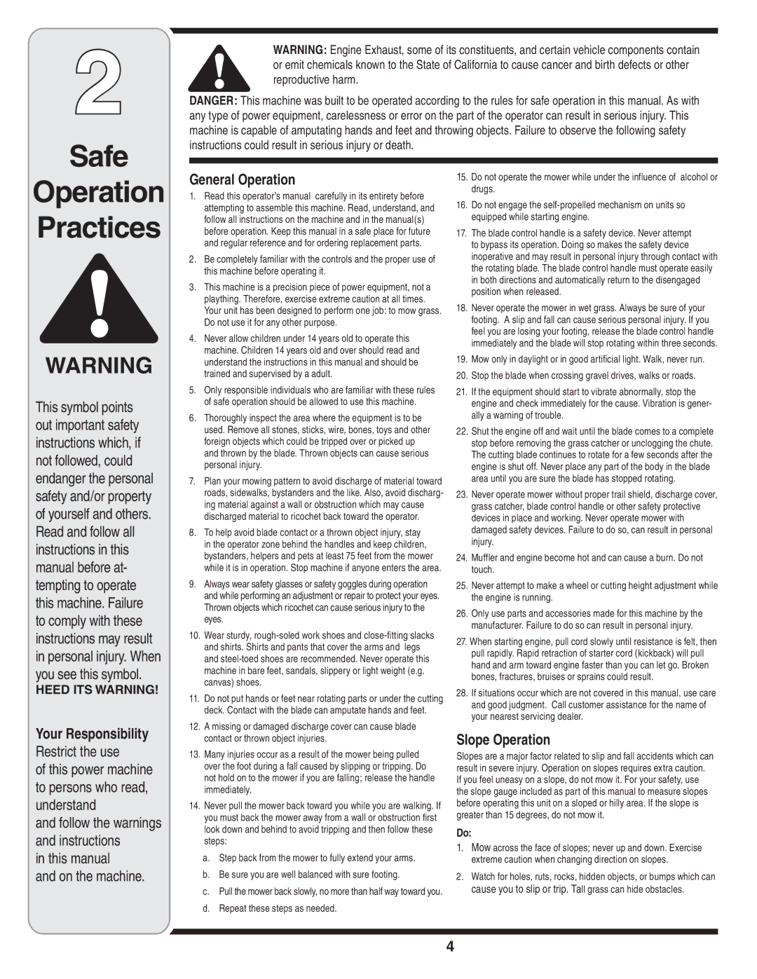 MTD 60-1616-6 owner manual Your Responsibility, General Operation, Slope Operation 