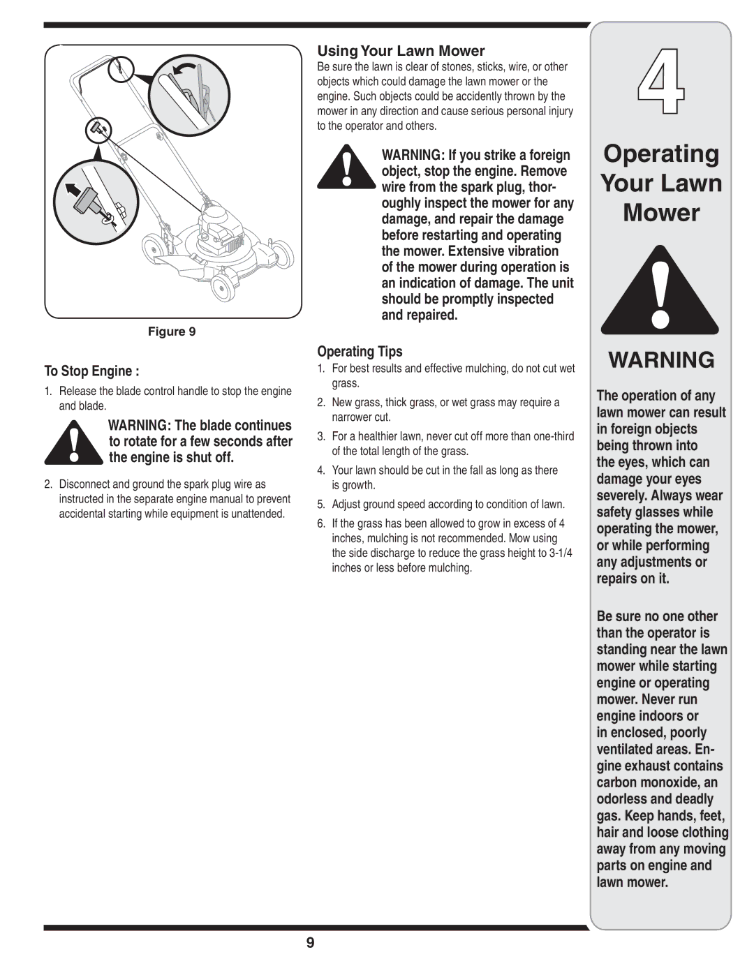 MTD 60-1616-6 owner manual To Stop Engine, Using Your Lawn Mower, Operating Tips 