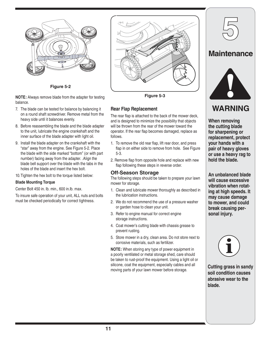 MTD 60-1620-4 owner manual Rear Flap Replacement, Off-Season Storage, Blade Mounting Torque 