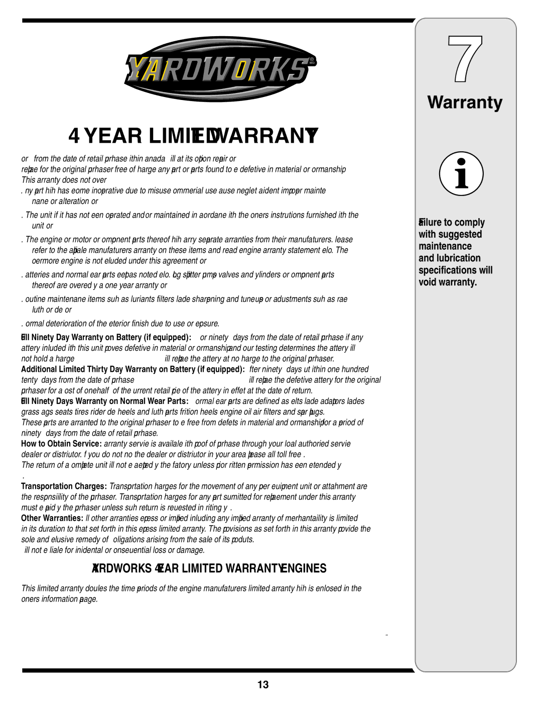 MTD 60-1620-4 owner manual Year Limited Warranty 