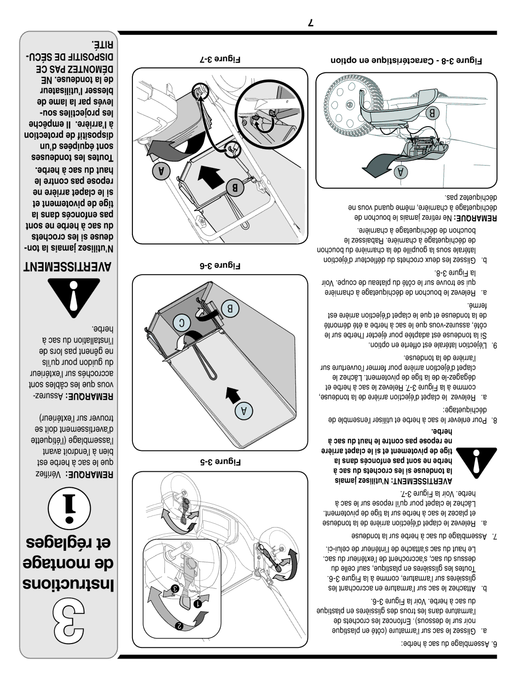 MTD 60-1620-4 owner manual Réglages et, Montage de, Instructions 