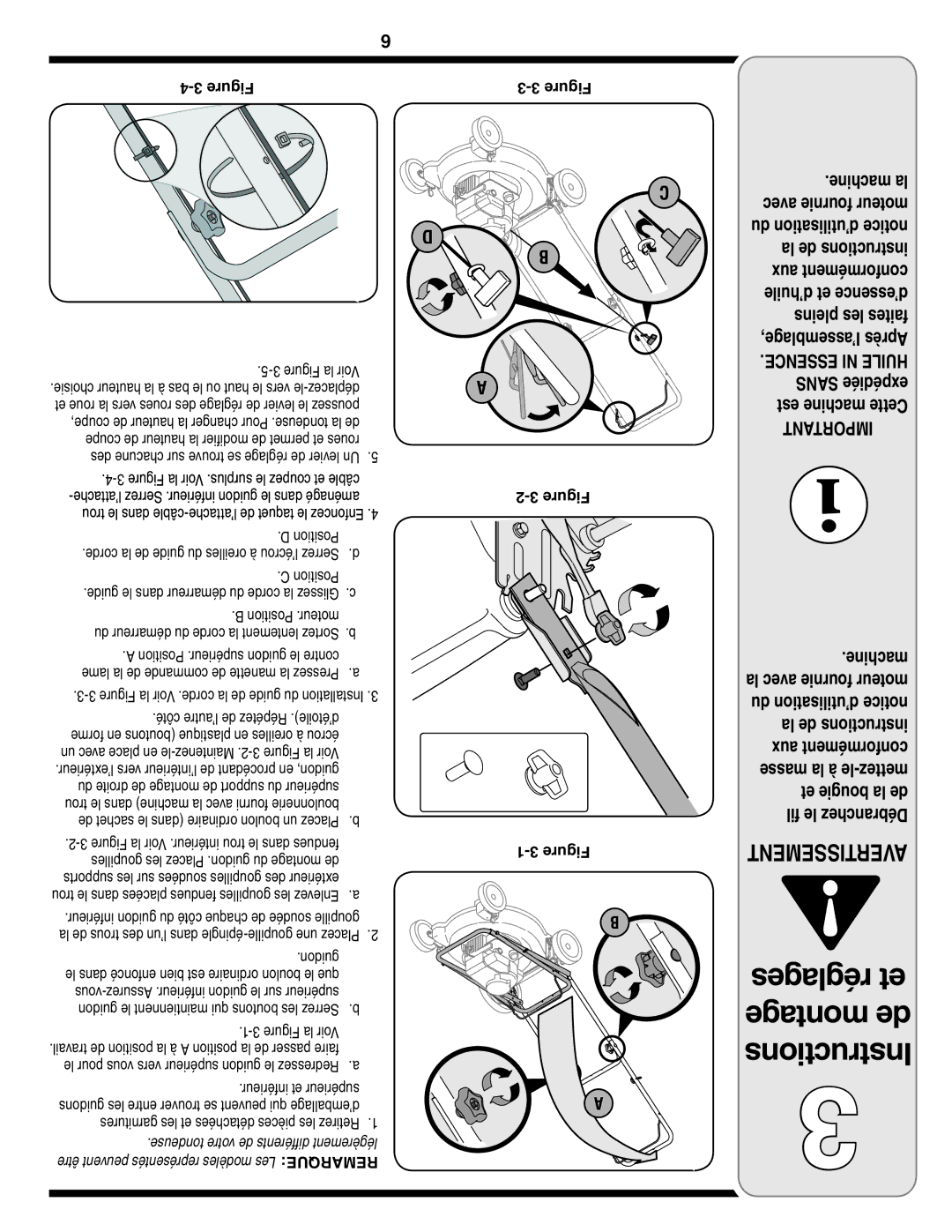 MTD 60-1620-4 owner manual Réglages et montage de Instructions 