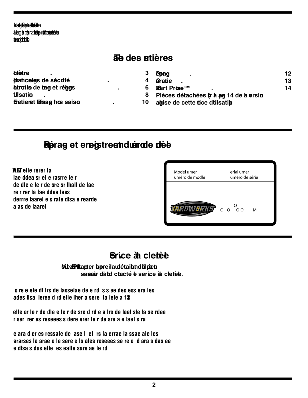 MTD 60-1620-4 owner manual Clientèle la à Service, Modèle de numéro du enregistrement et Repérage, Matières des Table 