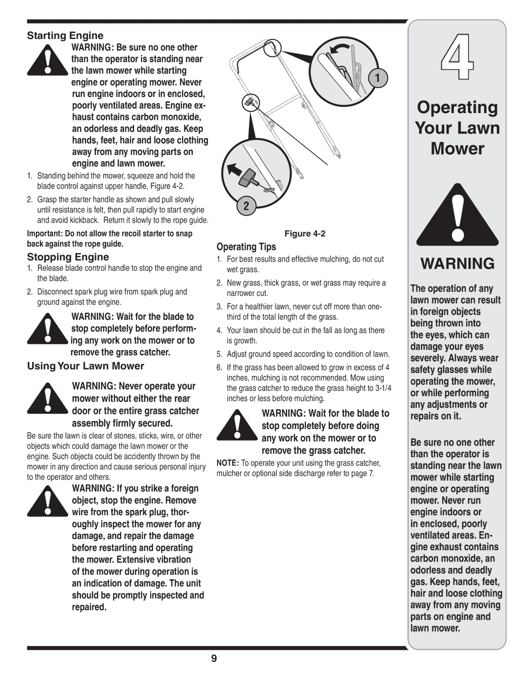 MTD 60-1620-4 owner manual Starting Engine, Stopping Engine, Using Your Lawn Mower, Operating Tips 