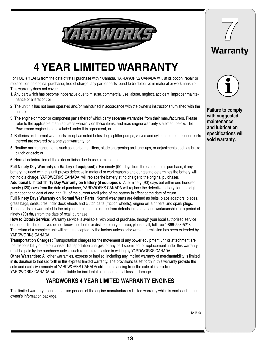 MTD 60-1620-4 owner manual Year Limited Warranty, YARDWORKS 4 YEAR LIMITED WARRANTY ENGINES 