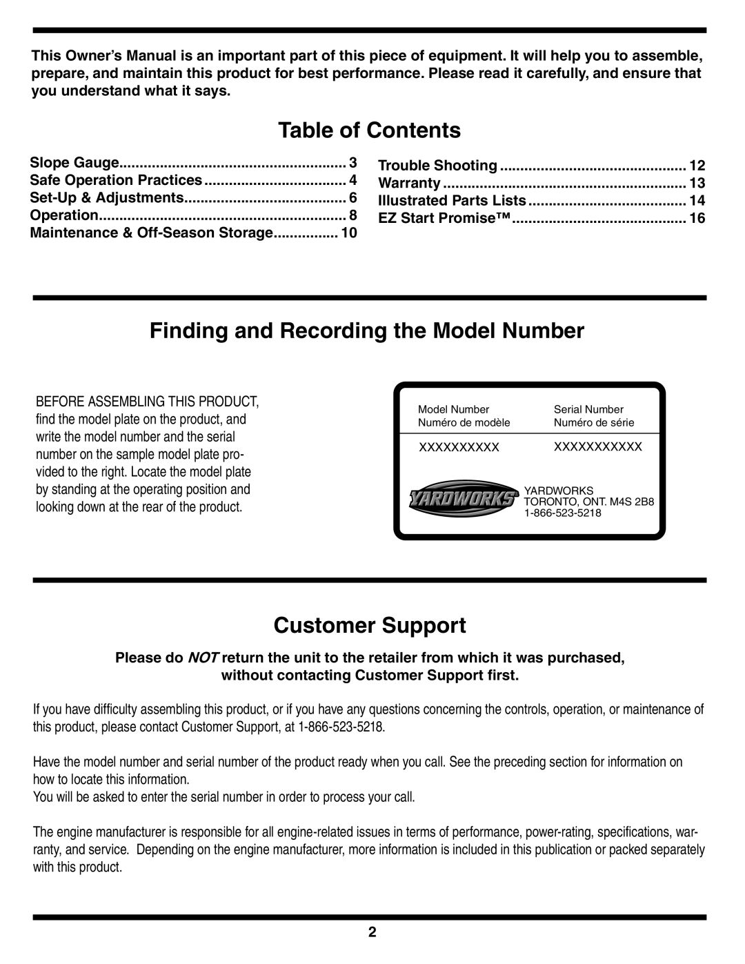 MTD 60-1620-4 owner manual Table of Contents, Finding and Recording the Model Number, Customer Support 