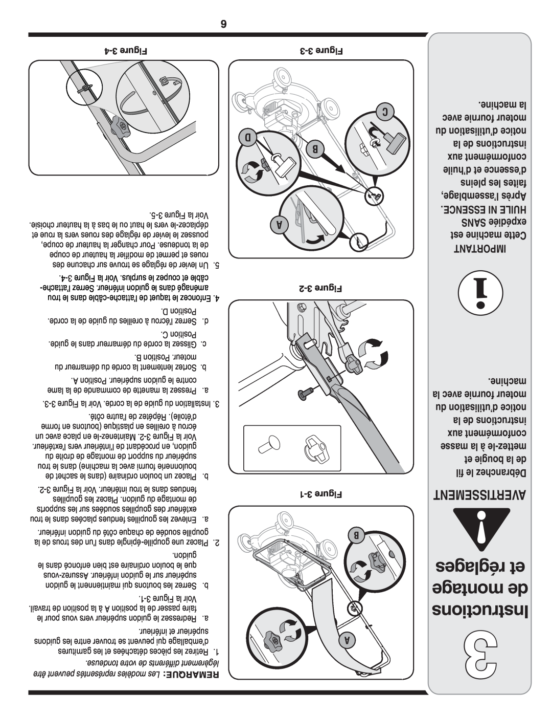 MTD 60-1620-4 owner manual réglages et montage de Instructions, Avertissement 