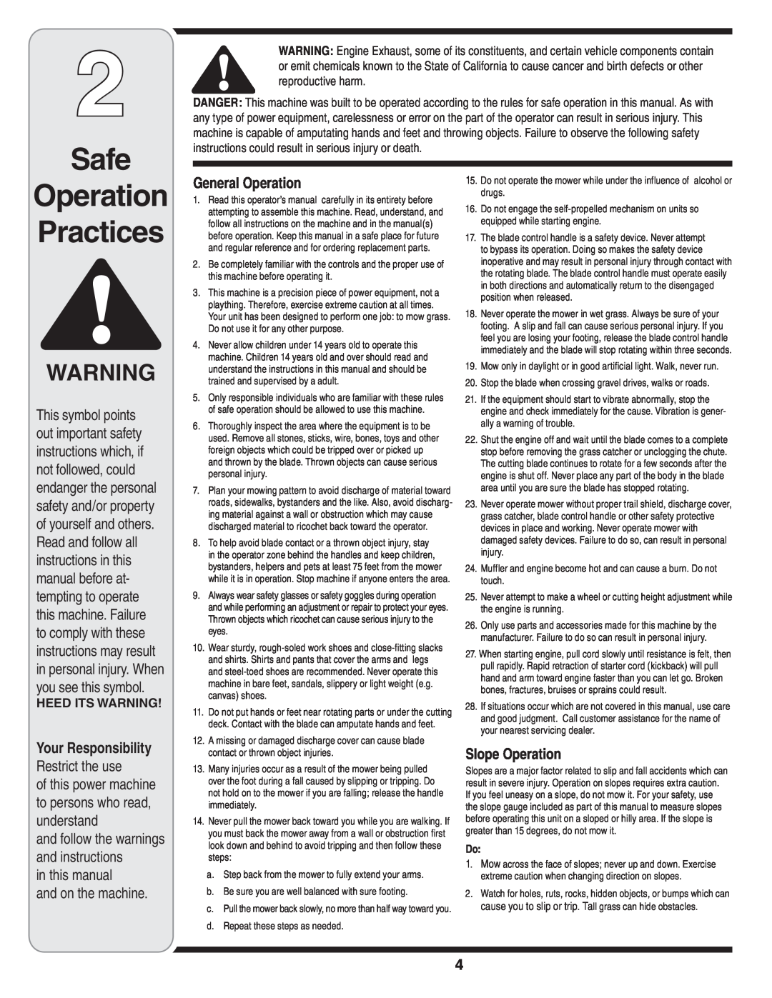 MTD 60-1620-4 owner manual Safe, Operation Practices, Heed Its Warning 