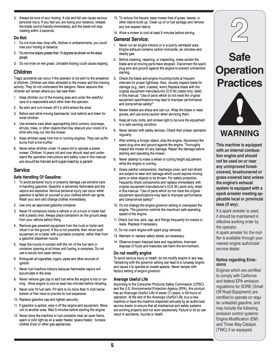 MTD 60-1620-4 Safe Operation Practices, Do Not, Safe Handling Of Gasoline, Do not modify engine, Average Useful Life 