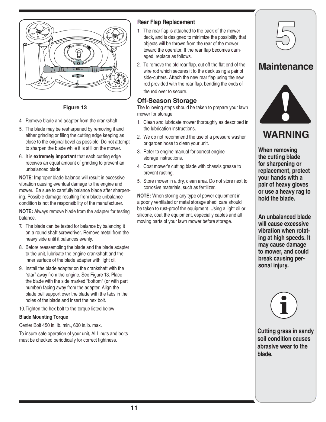 MTD 60-1622-0 warranty Rear Flap Replacement, Off-Season Storage, Blade Mounting Torque 