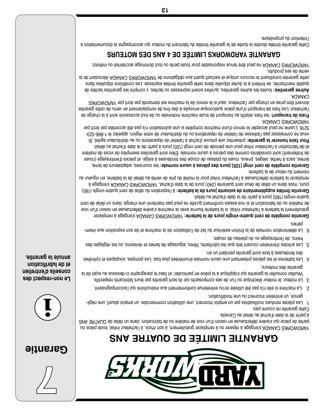 MTD 60-1622-0 warranty Garantie, Propriétaire du l’intention, Produits ses de vente, Batterie la de retour du moment 