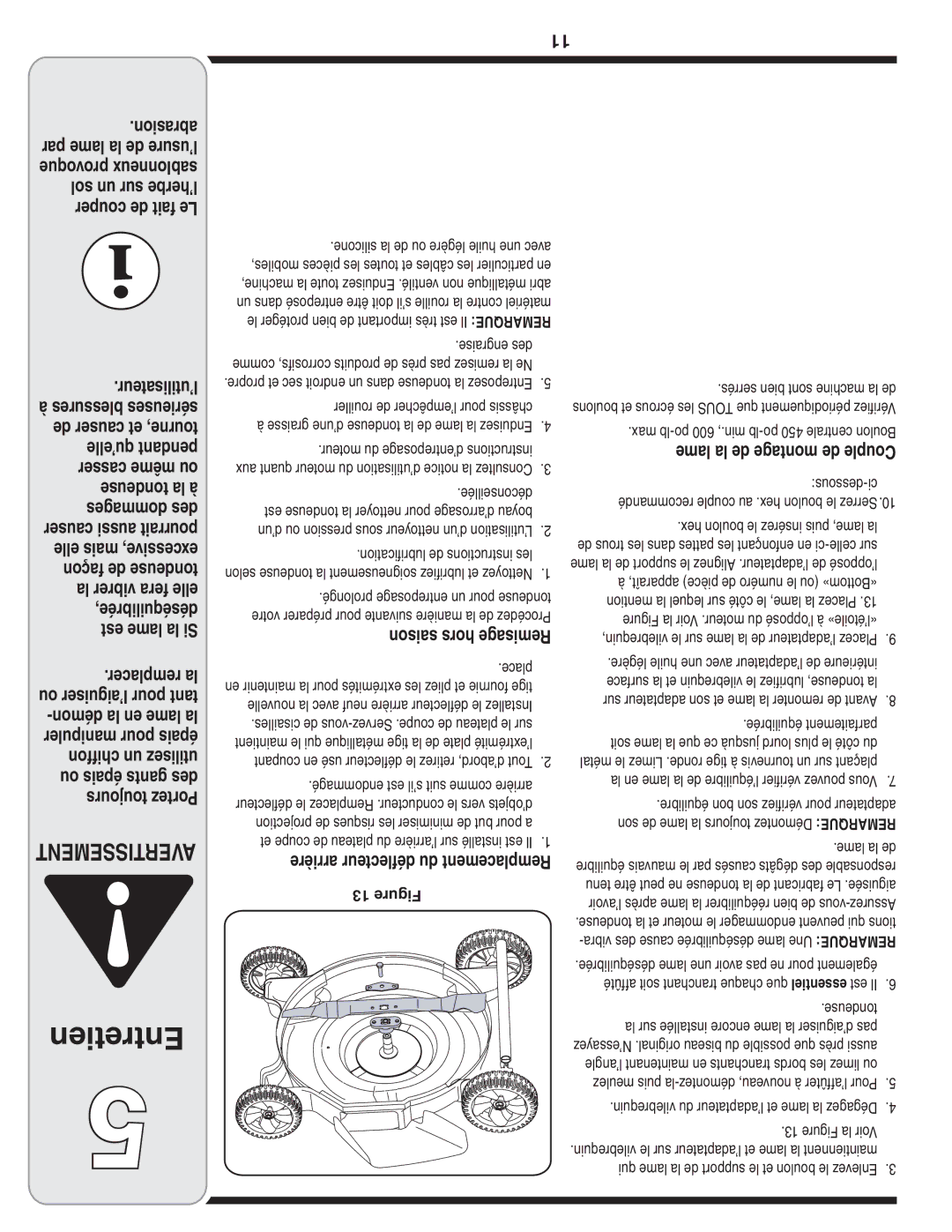 MTD 60-1622-0 warranty Entretien, ’utilisateur, Lame la de montage de Couple, Saison hors Remisage 