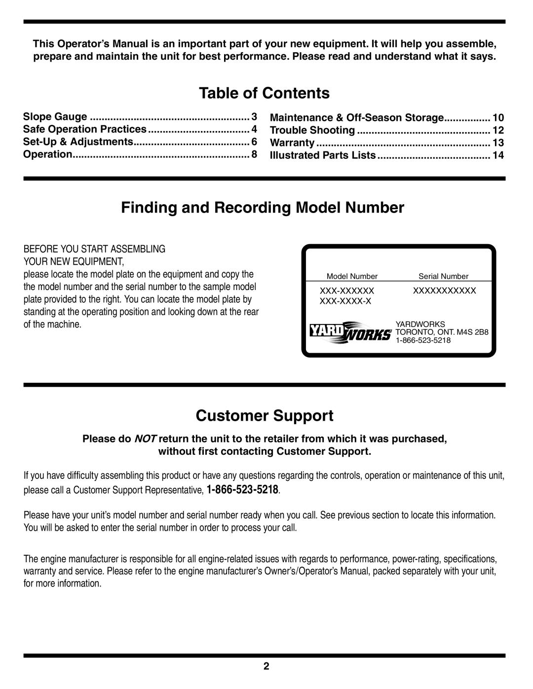 MTD 60-1622-0 warranty Table of Contents, Finding and Recording Model Number, Customer Support 