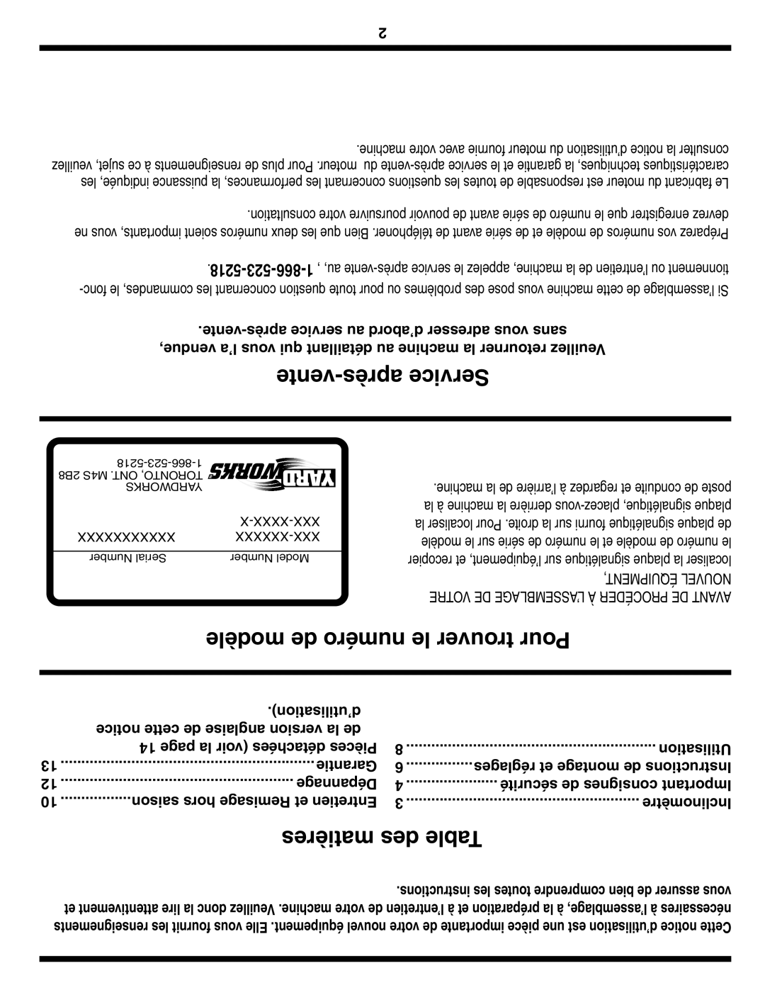 MTD 60-1622-0 warranty Vente-après Service, Modèle de numéro le trouver Pour, Matières des Table 