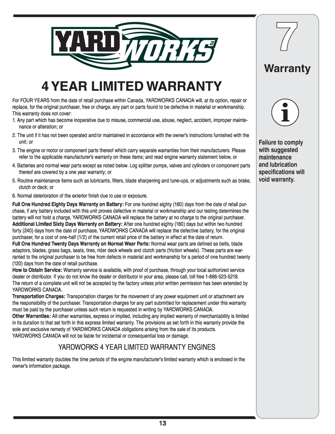 MTD 60-1622-0 warranty Year Limited Warranty, YARDWORKS 4 YEAR LIMITED WARRANTY ENGINES 