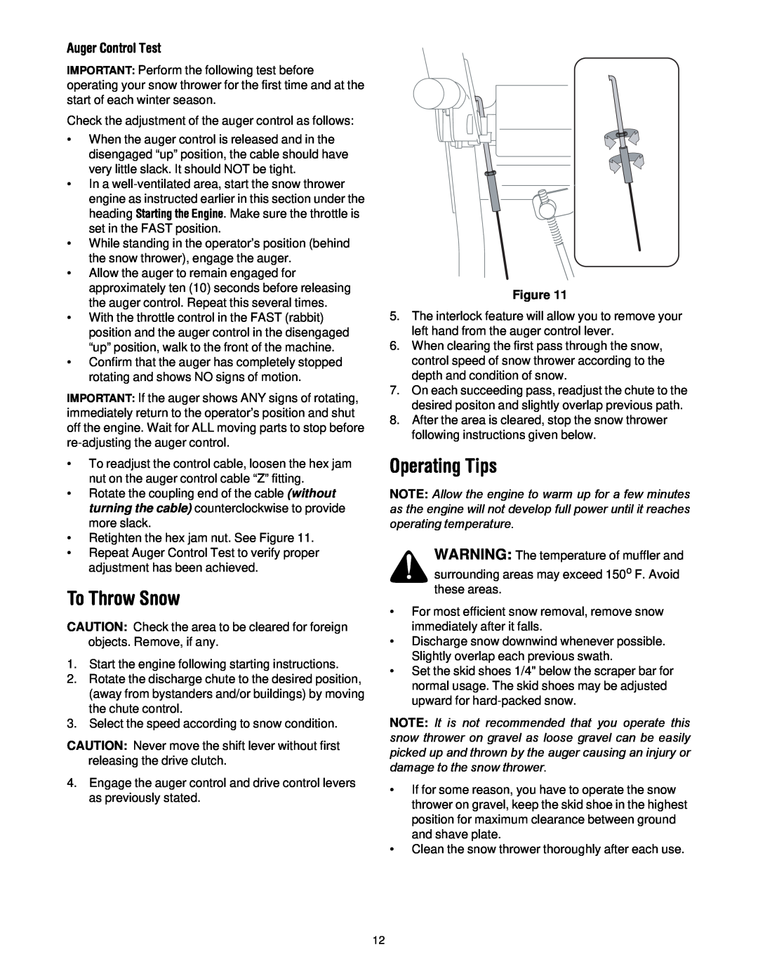 MTD 60-3754-4, 60-3753-6 manual To Throw Snow, Operating Tips, Auger Control Test, Figure 