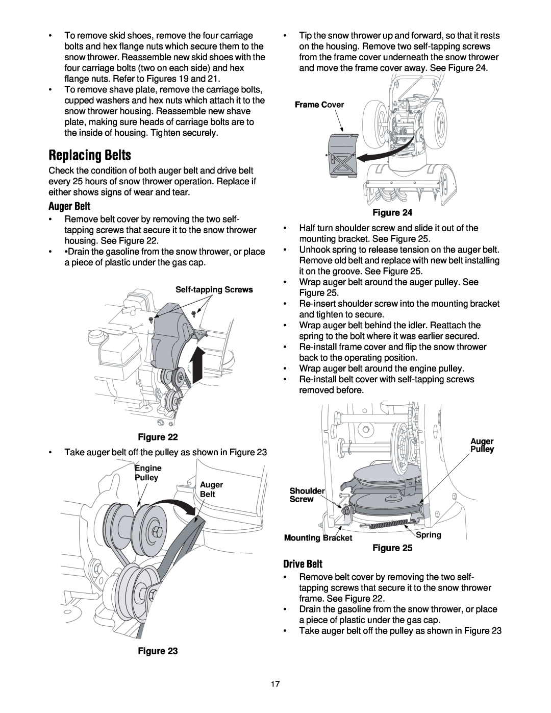 MTD 60-3753-6, 60-3754-4 manual Replacing Belts, Auger Belt, Drive Belt, Figure 
