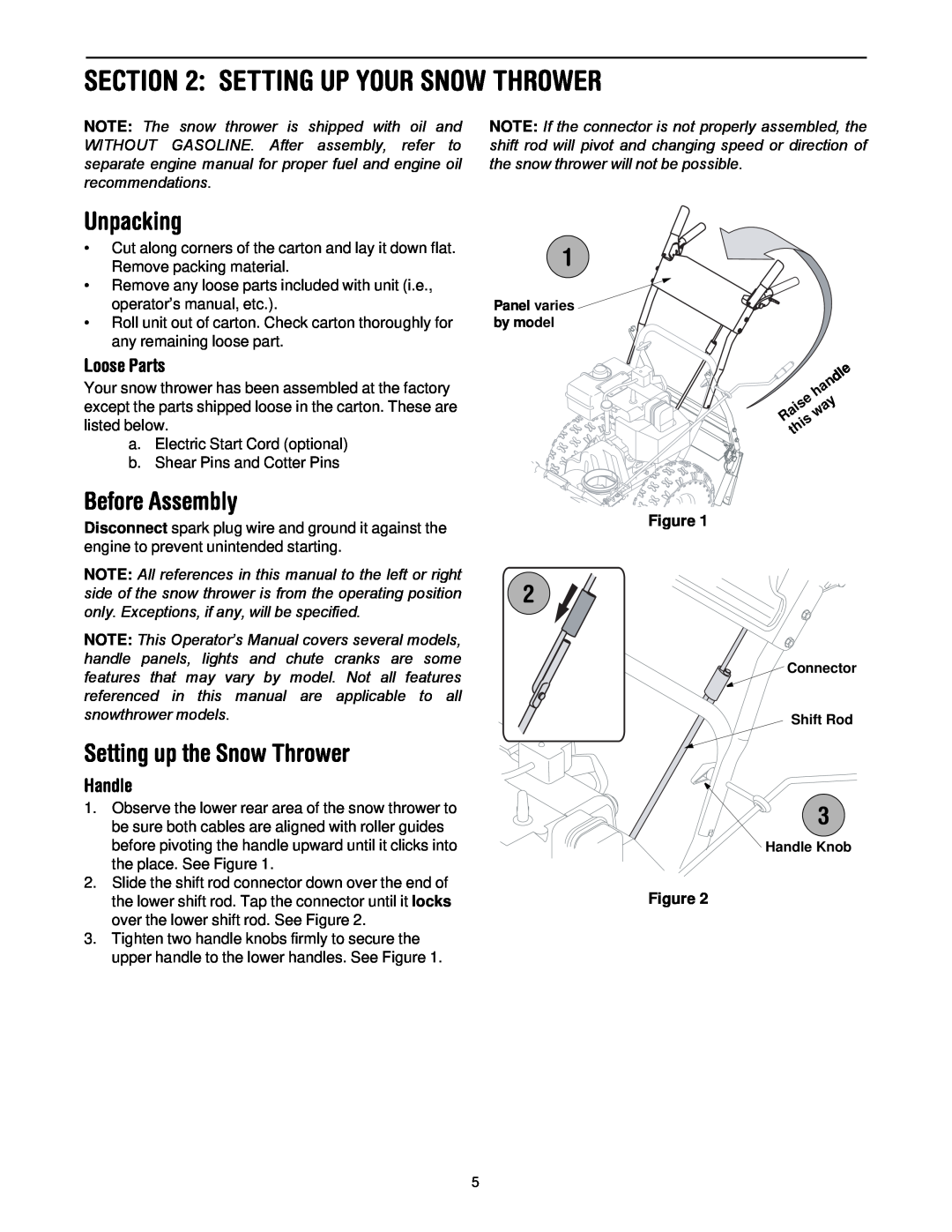MTD 60-3753-6 Setting Up Your Snow Thrower, Unpacking, Before Assembly, Setting up the Snow Thrower, Loose Parts, Handle 